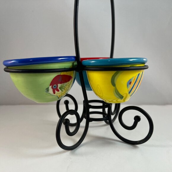 Fish Ceramic Condiment Sauce Holders Metal Fish Shaped Tidbit Caddy - Picture 12 of 16